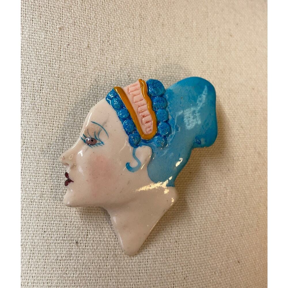 Vintage 60s Art Deco Lady Head Brooch Pin Hand Painted Blue Hair Costume Jewelry